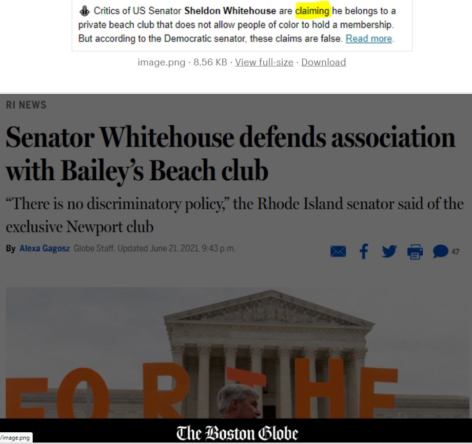 GaspeeProjectRI's tweet photo. Disgusting and hypocritical defense of Sheldon Whitehouse by woke @DanMcGowan and the far-left Boston Globe ... 

... downgrading a known fact into a "claim".

Just imagine if the "racist, exclusive private club" shoe were on a conservative's foot ... https://t.co/JR7byLju7X