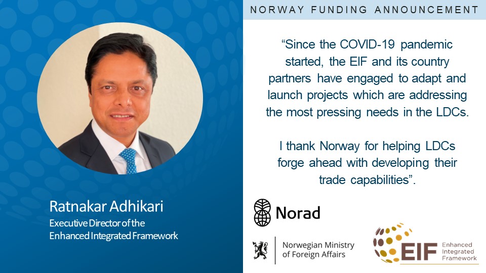 EIF4LDCs's tweet photo. 🙌🏾A big thank you to Norway🇳🇴 for announcing today NOK 45 million in new funding to the EIF.

Norway's contribution will help us tackle #Covid-19 trade challenges in least developed countries. 🌍 

#InvestInTrade⚡️ https://t.co/SsJnhGEqcO
