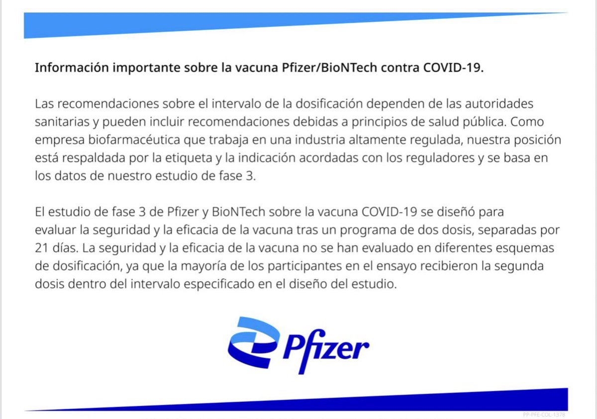 ricarospina's tweet photo. Atentos: @pfizer dice que su vacuna contra el COVID-19 está probada en cuanto a seguridad y eficacia en dos dosis separadas por 21 días. Dicen que no han evaluado en otros esquemas, como el de tres meses entre dosis, que anunció @MinSaludCol Vía @UltimaHoraBLU @BluRadioCo https://t.co/8fItjO2o4A