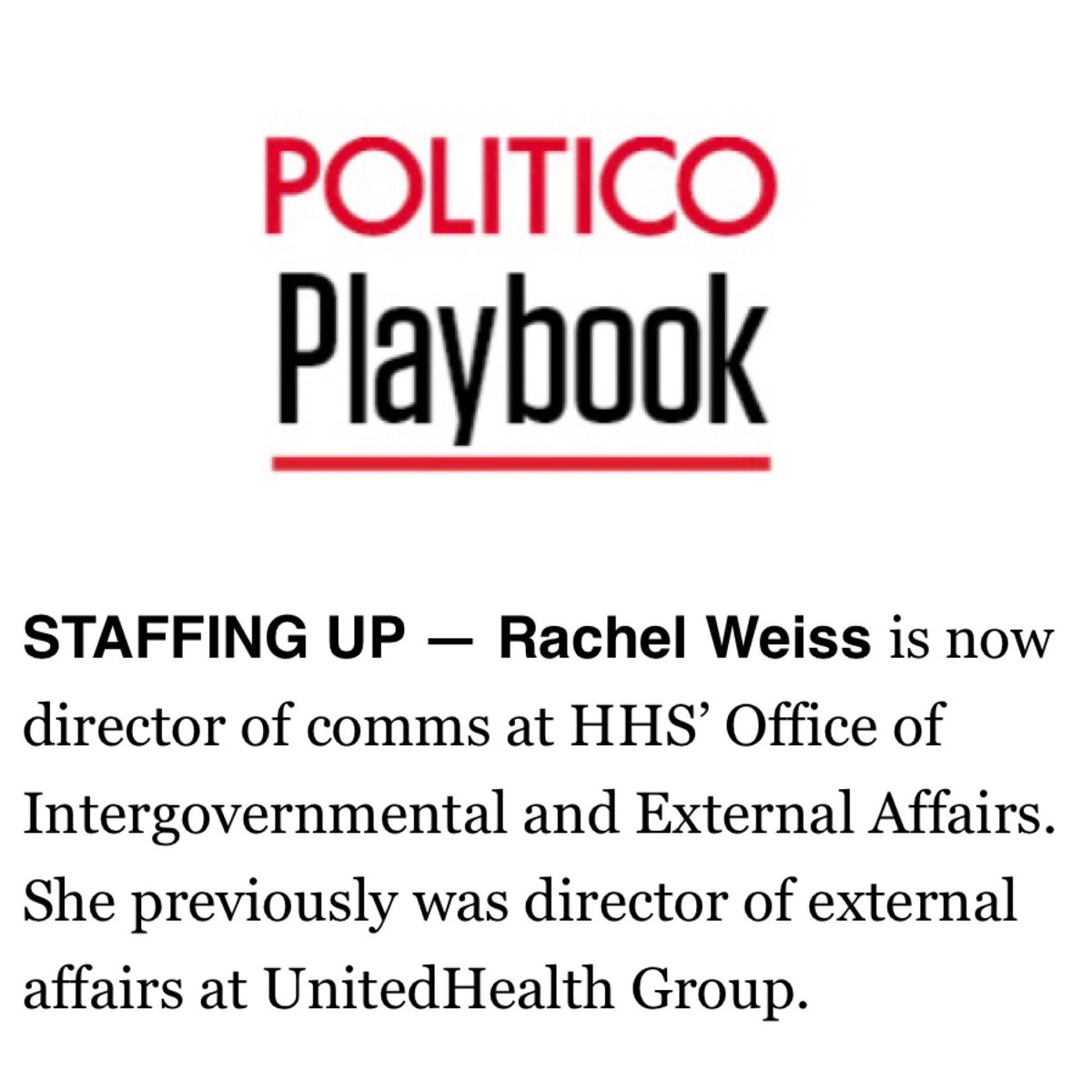 As noted in <a href="/playbookdc/">POLITICO Playbook</a> this AM, there’s some big news in our family: @rachelnweiss started a new adventure with a new job - taking her talents to <a href="/HHSGov/">HHS</a>! She’s a star and we’re so excited! #proudhusband