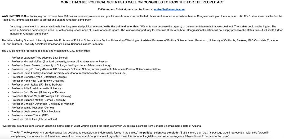 🚨FOR IMMEDIATE RELEASE: More Than 900 Political Scientists Call on Congress to Pass the #ForthePeopleAct. Full letter and signers can be found at polisciforthepeople.com. Contact: Charlotte Hill, charlottehill[at]berkeley.edu.