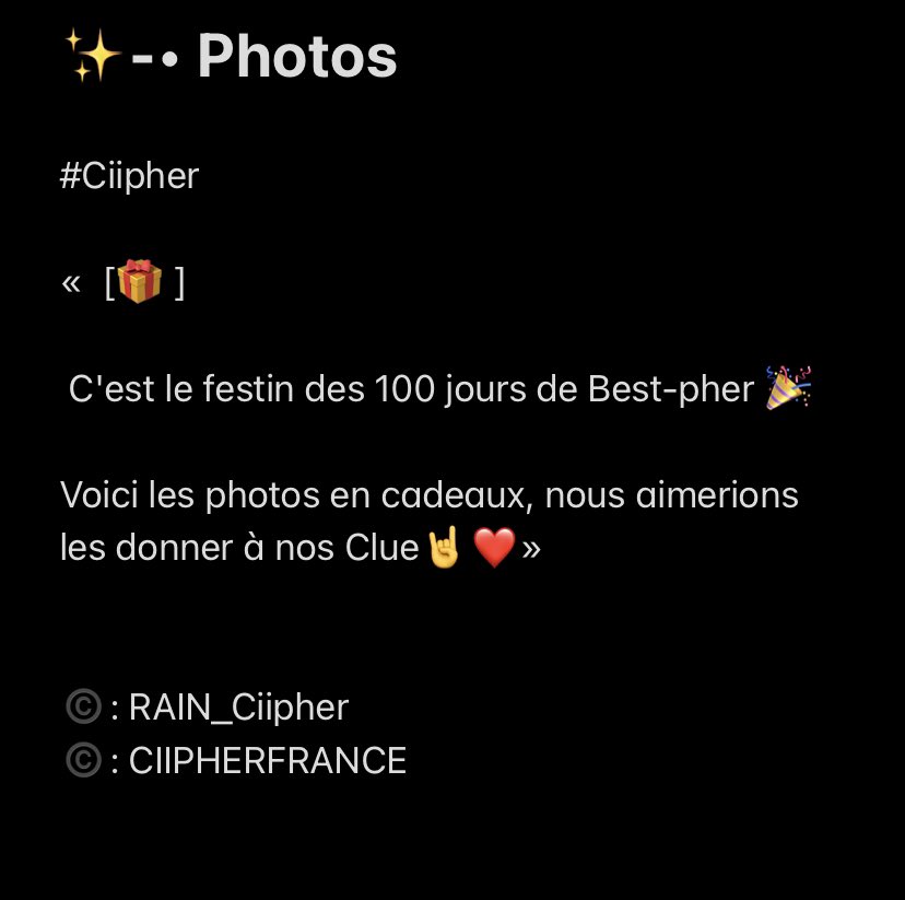 CiipherFRANCE's tweet photo. ✨-• Photos
Traduction du post de nos garçons avec des photos en groupe suite au VLIVE pour les 100 jours.🥰
©️: @RAIN_Ciipher
#Ciipher #BABY_안꿀려_OUT_NOW #CPR #100DaysWithCiipher #CLUE100DAYSWITHCiipher #CLUE https://t.co/BDspq7e3P3