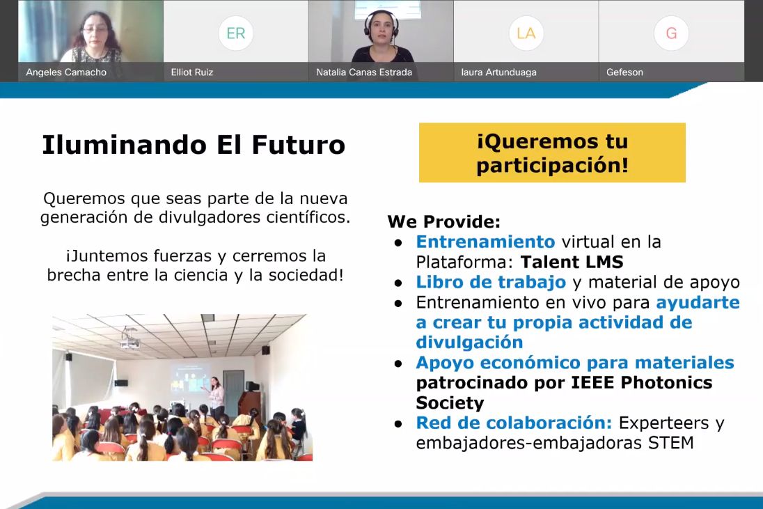 IEEEPhotonics's tweet photo. The @IEEEPhotonics led another strategic volunteer recruitment session for 'Iluminando El Futuro', designed to support #STEM Outreach initiatives throughout #LatinAmerica. It allows members to connect, contribute, and inspire students and their communities in Spanish. #STEMed 🌟 https://t.co/JTd82BPyO4