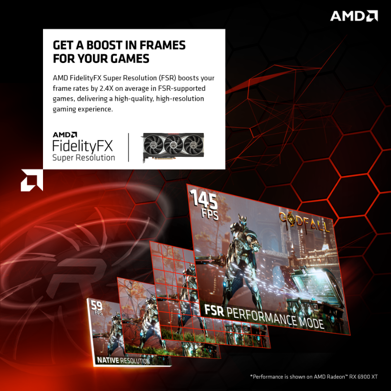 AMDRadeon's tweet photo. AMD FidelityFX Super Resolution is here. Get up to 2.4x more frames per second in games with #FSR, letting you choose more performance on almost any graphics card. Learn more about FSR and the suite of studios planning support at https://t.co/vQ2nA5XgsF.