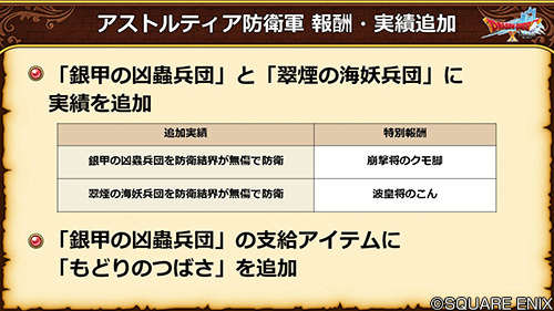 ドラゴンクエストx 公式 5 5後期 アストルティア防衛軍 に新たな報酬を追加 素材を集めて交換するほか 崩撃将のクモ脚 は 銀甲の凶蟲兵団 波皇将のこん は 翠煙の海妖兵団 をそれぞれ防衛結界が無傷で防衛することで特別報酬として入手 ドラゴンクエストx 公式 5 5後期 アストルティア防衛軍 に新たな報酬を追加 素材を集めて交換するほか 崩撃将のクモ脚 は 銀甲の凶蟲兵団 波皇将のこん は 翠煙の海妖兵団 をそれぞれ防衛結界が無傷で防衛することで特別報酬として入手