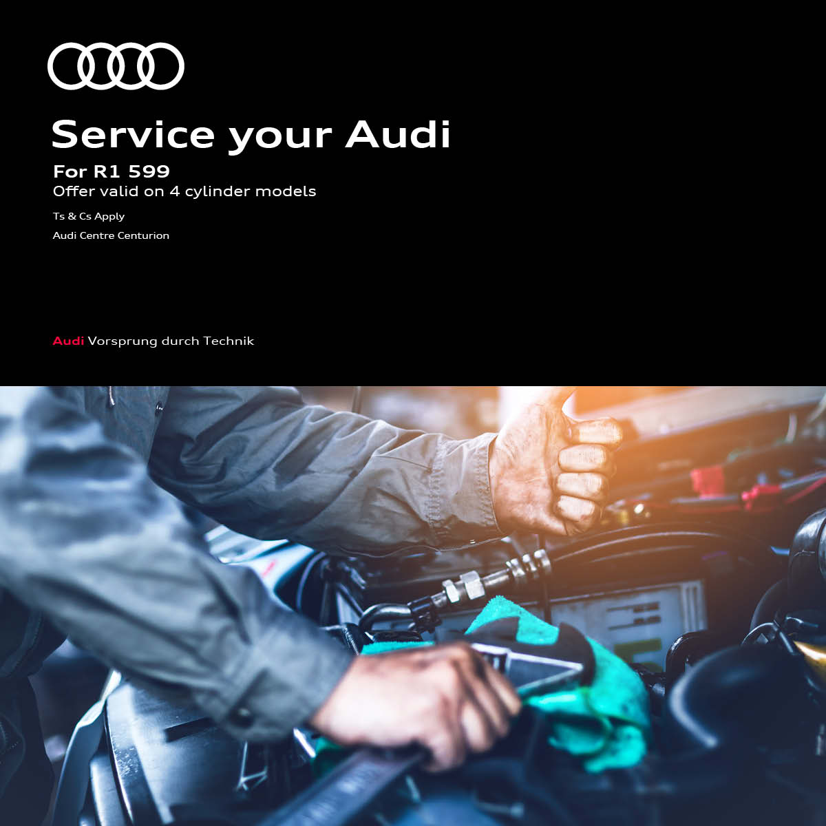 AudiCenturion's tweet photo. Service your Audi at Audi Centre Centurion for only R1,599.

T&amp;C's apply. Offer valid on 4 cylinder models. https://t.co/st8vgm43rO