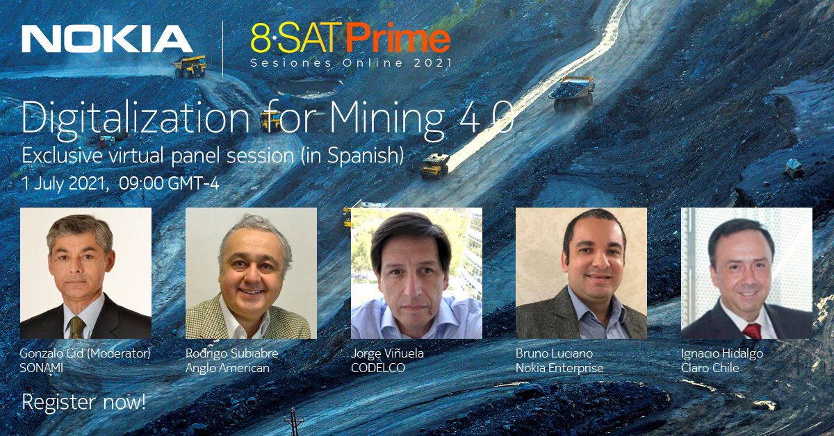 Join us for this 8SAT Prime virtual session to hear from Mining experts from <a href="/nokia/">Nokia</a> @claroempresasCL, <a href="/codelco/">Codelco</a> and <a href="/AngloAmericanCL/">Anglo American Chile</a> on how mining is preparing for #Industry40. nokia.ly/3vHIkMs #privatewireless