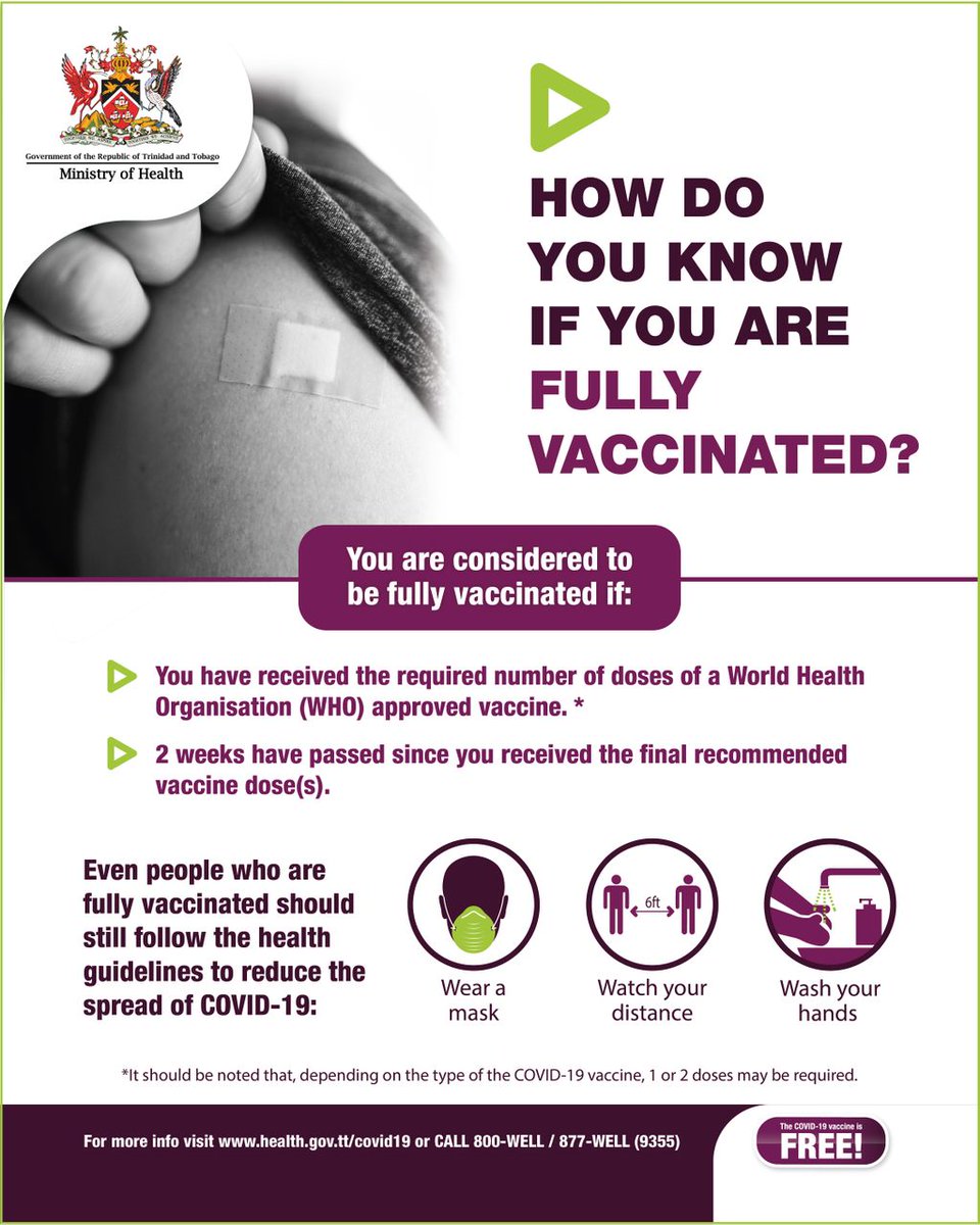 MOH_TT's tweet image. How do you know you are fully vaccinated? 

✔️You have received the required number of doses of a World Health 
Organisation (WHO) approved vaccine. 
✔️2 weeks have passed since you received the final recommended 
vaccine dose(s)

#COVID19 #COVID19Vaccination