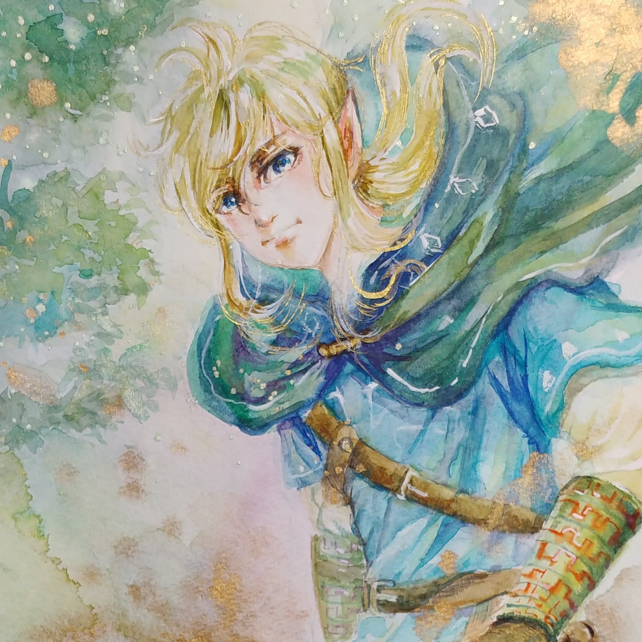 石塚奈央 個展5 14 5 21ぎゃらりぃ朋 リンク君描いてみた ブレスオブザワイルドのリンク君かわいい 墨運堂さんのパール色 吉祥さんの金色もきれいにでる ゼルダの伝説 ゼルダ イラスト 水彩画 墨運堂 吉祥 ウィンザーアンドニュートン