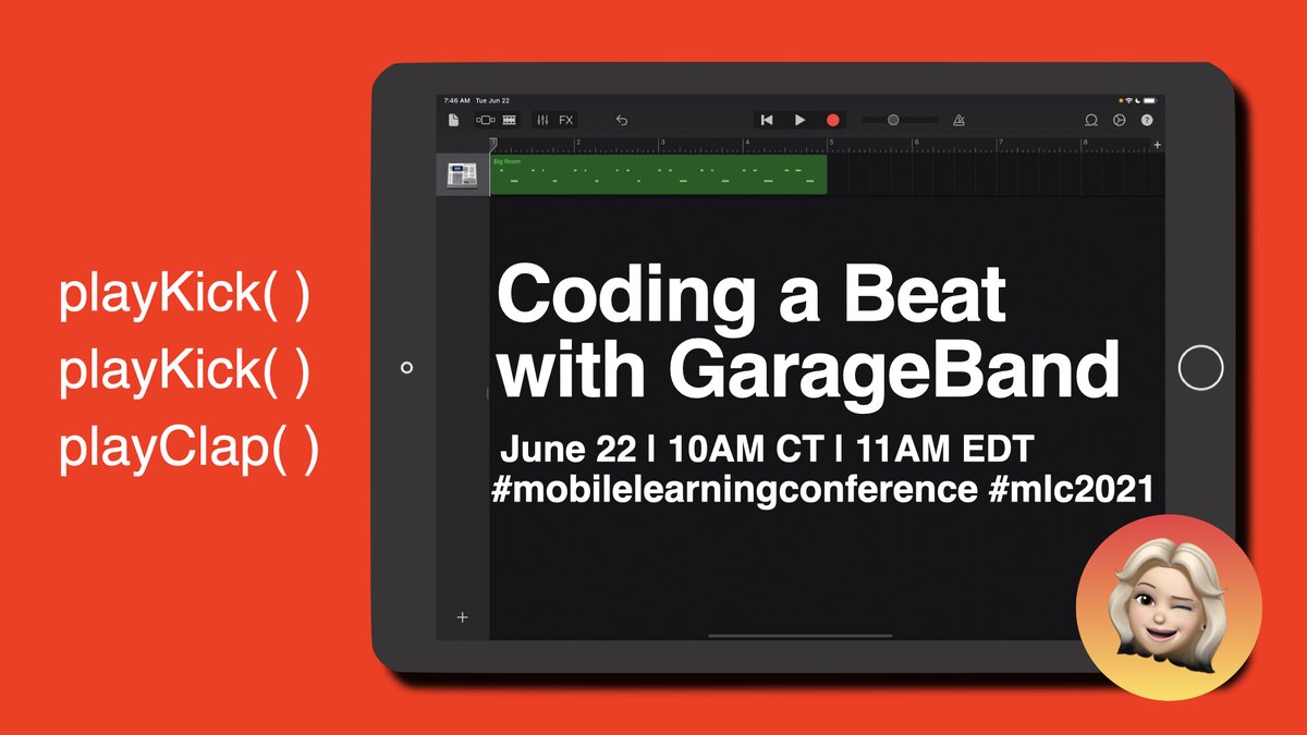techclassrocks's tweet photo. Join me for some hands on learning this morning for @mlc_nemcc's #MLC2021, as we make connections between music and coding w/ #GarageBand!
π TODAY
π 10AM CT
π 11AM EDT
β¦https://t.co/FTEmk2Aeig
#MobileLearningConference
#AppleEDUchat #EveryoneCanCode #EveryoneCanCreate https://t.co/ws4hotTHxe