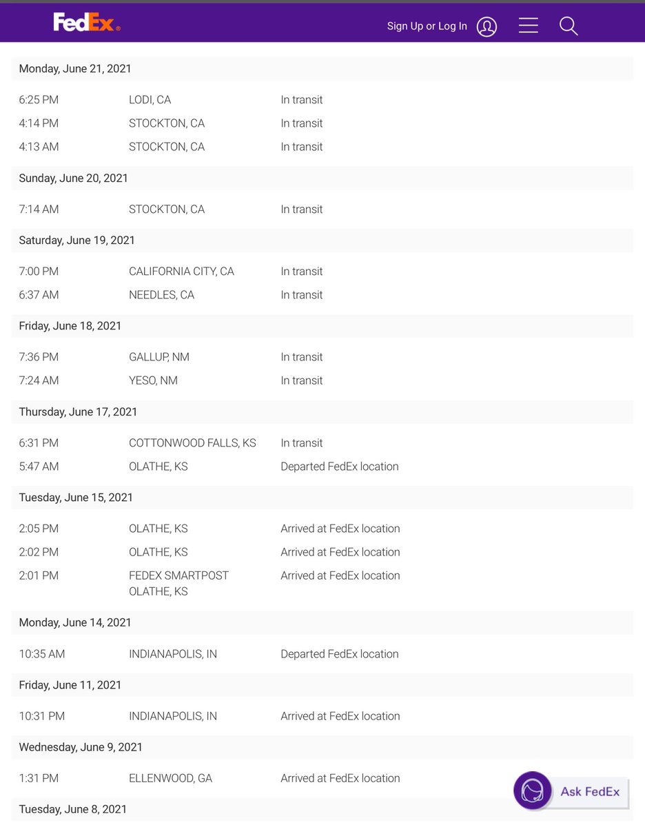 AzaTeh's tweet photo. ⁦@FedEx⁩ your website says your economy ground service is 2-7  business days (a week and a half). This package has been everywhere in the US since June 8th except my home which I leave for good tonight (to a different state). What am I to do now? https://t.co/g16kSkZsjZ