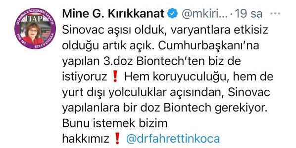 Bak Mine abla, yerli ve milli aşımız #TURKOVAC var artık.
Ama sende alerjik reaksiyona sebep olabilir.
FRANCOVAC’ı bekle. Sana daha iyi gelir!
