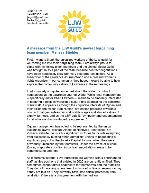 ljw_guild's tweet photo. A message from the LJW Guild's newest bargaining team member and a call to action: https://t.co/7glELr3xDS