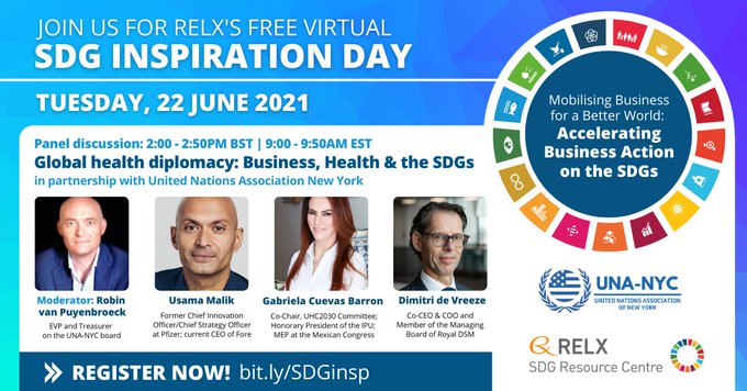 Currently live at the @RELXHQ #SDGInspirationDay, a fascinating panel discussion on “The Future of #GlobalHealth: How Businesses Advance the #SDGs with Science & Global Health Diplomacy”, moderated by @WTCA ED-BD Robin van Puyenbroeck Join us here: hopin.com/events/sdg-ins…