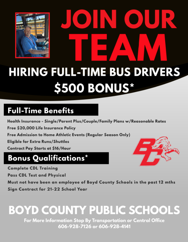 BCPSdistrict's tweet photo. Now is the time to join the Boyd County Public Schools transportation team to get a bonus and take advantage of increased hourly rates!  See below...👇👇👇 https://t.co/RSBSjT40VZ
