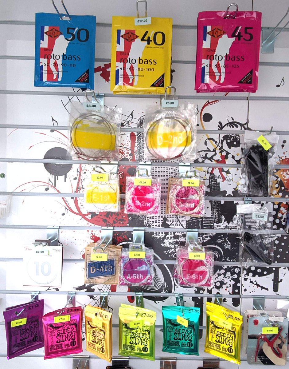StayFreeMusicUK's tweet photo. Just been restocking the Spares Shop with strings. 🎸🎸
We sell all the rainbow of Ernie Ball from £7.50
Single strings (10 gauge) for £2 each
Roto Sound bass strings for £17
Our shop is open when we are, which is usually 
12pm - 10/11pm ish  7 days a week. https://t.co/fJ6PE8q65w