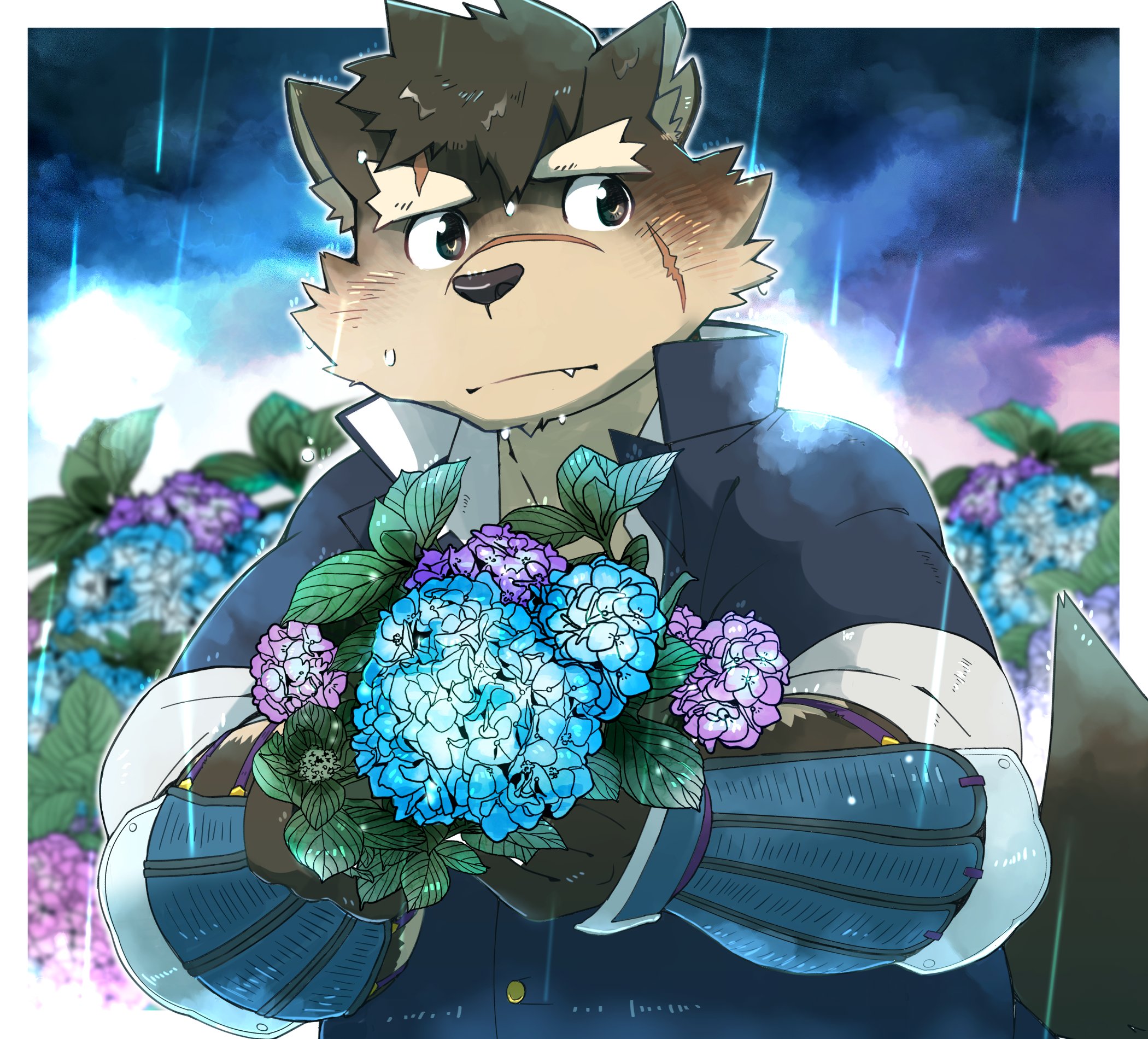 けもにこみ 近所の紫陽花がきれいだったので モリタカくんで梅雨っぽいイラストを 放サモ T Co Q4rnvd1uyr Twitter