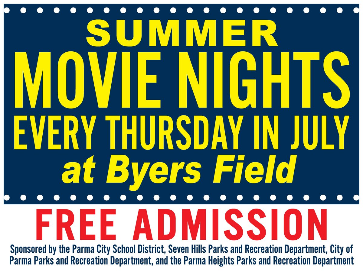 ParmaSchools's tweet photo. Summer Movie Nights at Byers Field
Free Admission - movies start at 8:30 pm. 
 July 1:  The Croods: A New Age
July 8:  Dolittle
July 15:  Onward
July 22:  A Beautiful Day in the Neighborhood
July 29:  Toy Story 4
More info - https://t.co/9kEYNQ2QmF
🎥🍿🎬 https://t.co/ObKQ5tyVZE