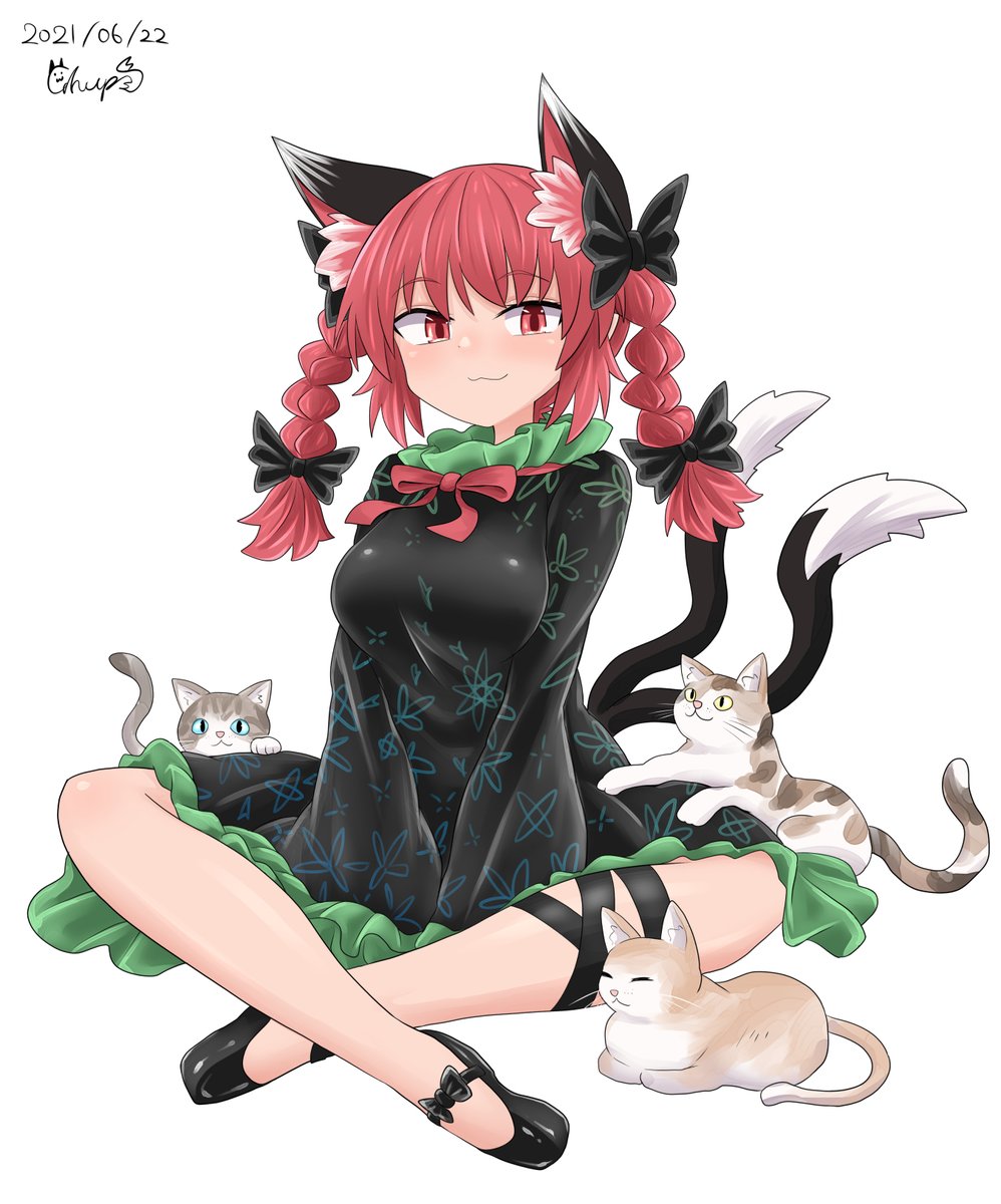 kaenbyou rin 1girl animal ears tail bow dress red bowtie red hair  illustration images