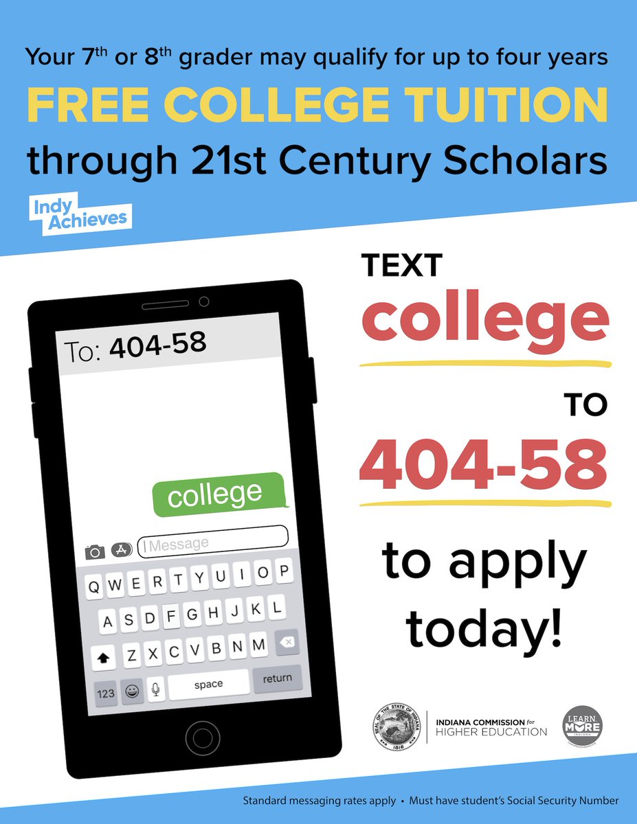 IPSSchools's tweet image. Attention IPS 7th and 8th grade students and parents! 21st Century Scholars scholarship applications are available now!

Click ow.ly/u2af50F5v0K to learn more.

The application deadline for 8th grade students is June 30, 2021.
