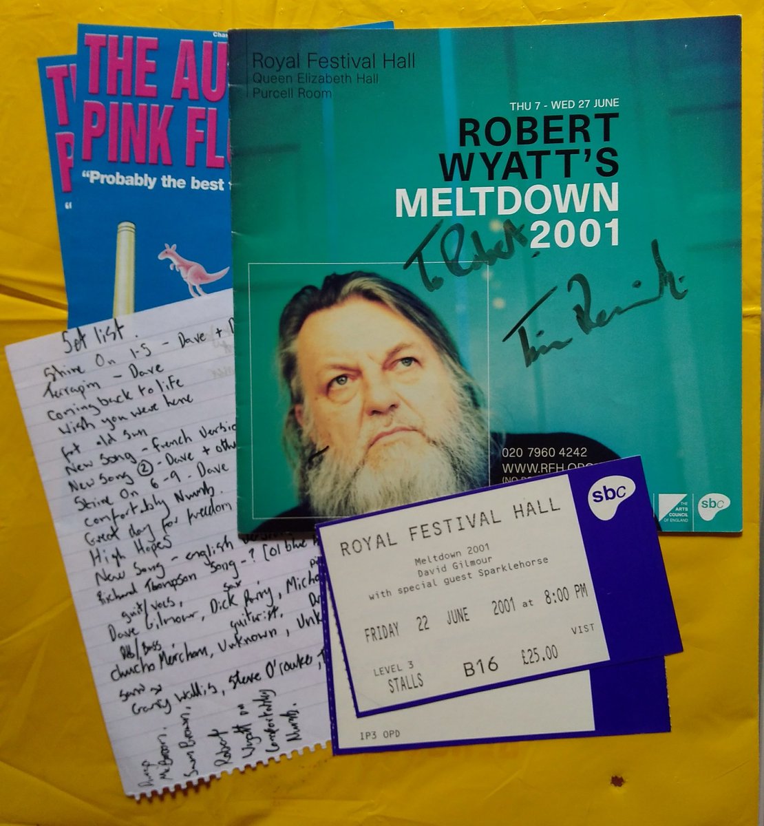 BobFollen's tweet photo. @pinkfloyd "A lot of people seemed to have had a front row seat". Here's my bits, #TimRenwick signed the programme. We should give a shout out to the late #SteveORourke and #MichaelKamen and #TonyHoward ...who I got to chat too. Nice people at a great gig. AND Big love to #RobertWyatt! :) https://t.co/w7nhBExLw4