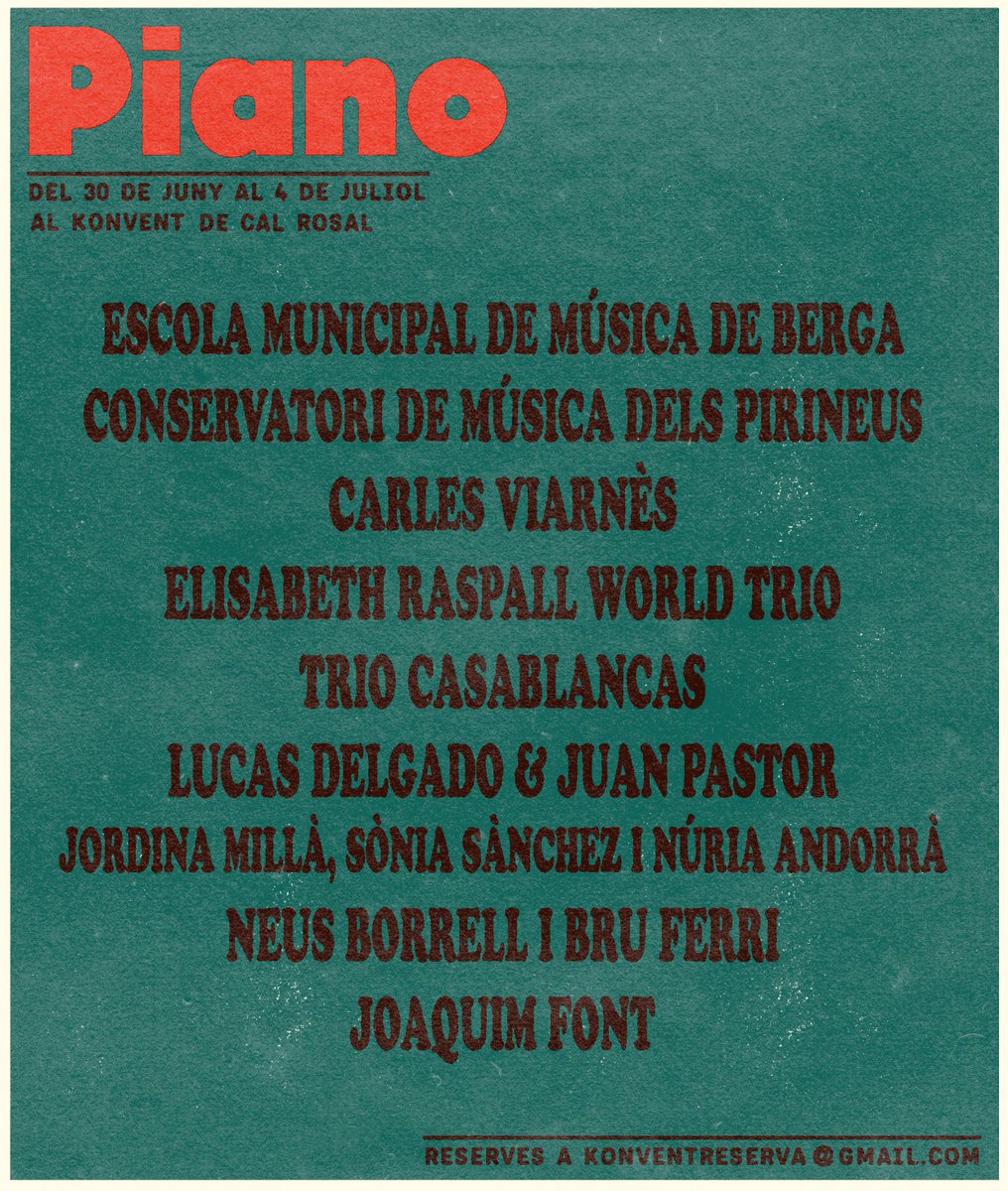 Anunciem Cartellàs de Konvent Piano 2021
Del 30 de juny al 4 de juliol 
Amb Elisabet Raspall, Carles Viarnès, Neus Borrell i Bru Ferri, Jordina Millà i l'Escola Municipal de Música de Berga entre altres i molt molt.
Reserves: konventreserva@gmail.com
konvent.cat/es/festival-ko…