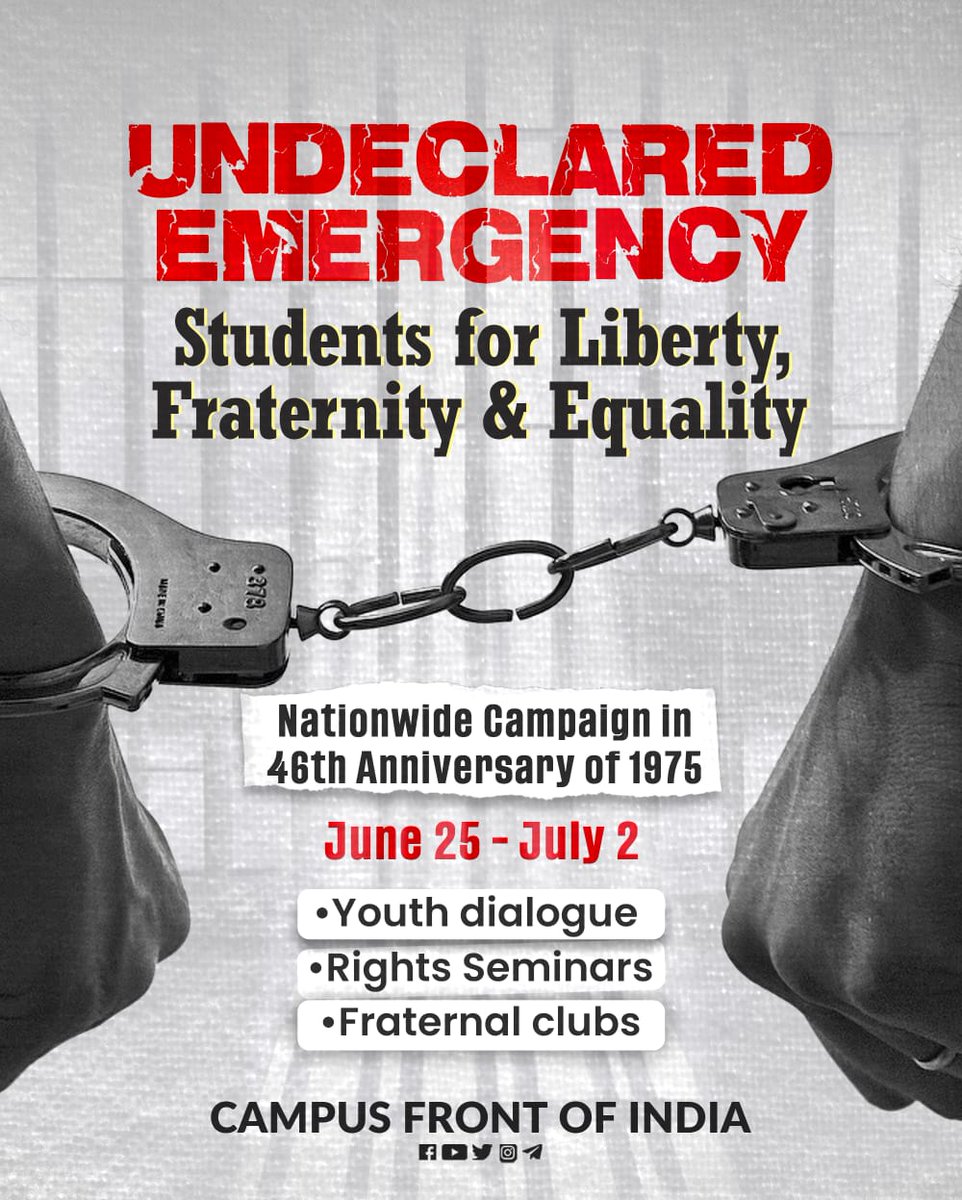 AsMussamil's tweet photo. Undeclared Emergency
Students for Liberty, Fraternity &amp; Equality

Nationwide Campaign in 46th Anniversary of 1975

June 25 - July 2

Youth dialogue
Rights Seminars
Fraternal clubs

#CampusFront https://t.co/JSBKrkVGpJ