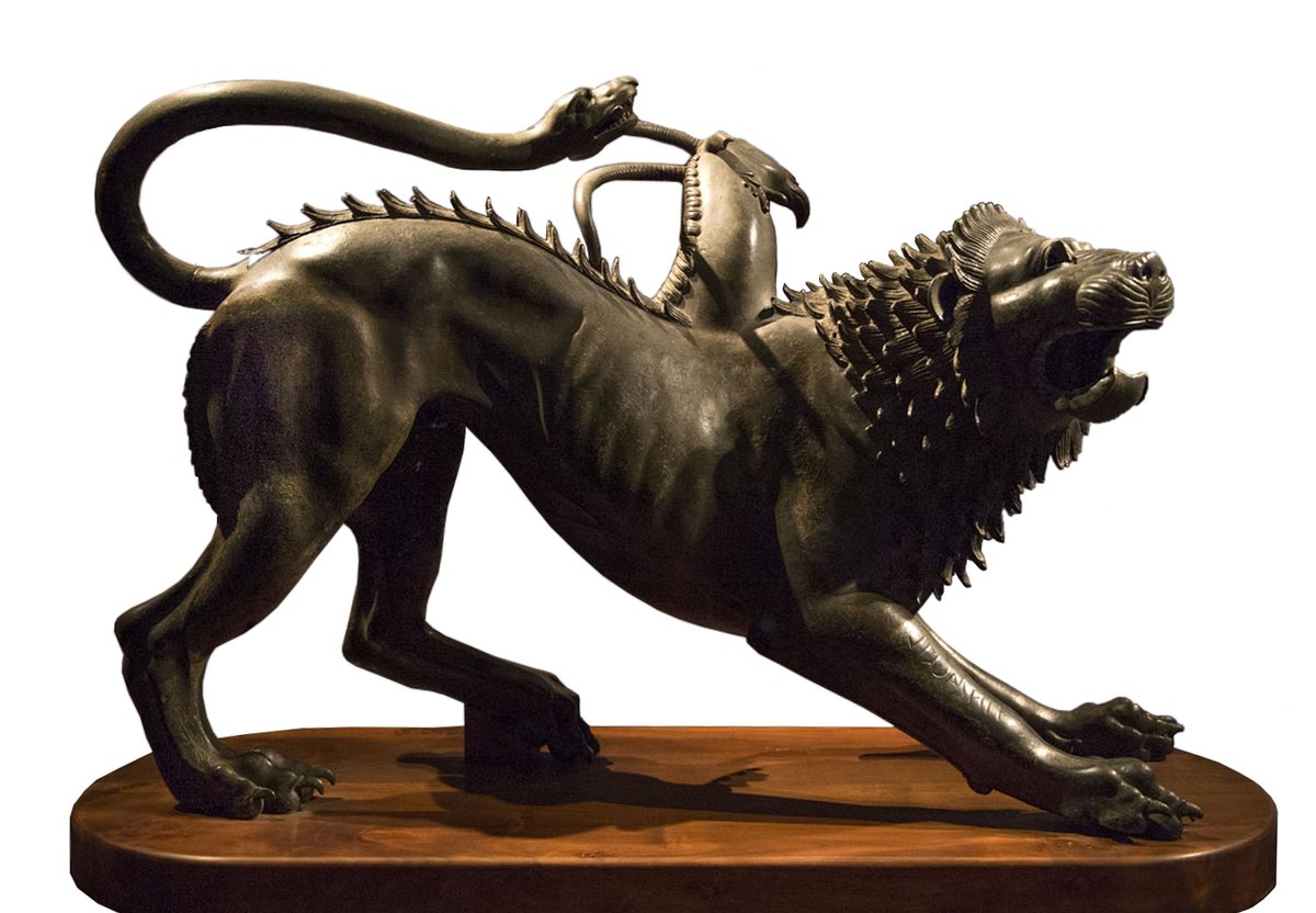 Chimera of Arezzo, the best example of Etruscan artwork IV BC 
In Homer's Iliad Chimera was of divine stock, not of men, in the forepart a lion, in the hinder a serpent, and in the midst a goat, ellipsis Bellerophon slew her, trusting in the signs of the gods. #Archaeology