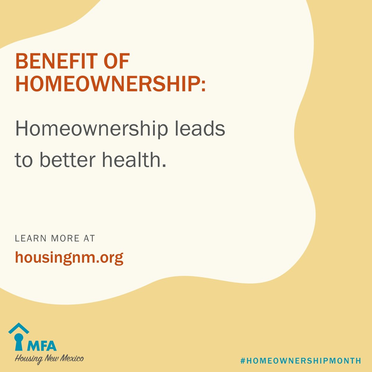 Decent, affordable housing contributes to a family’s overall health according to a report by the Center for Housing Policy. Learn more about benefits of homeownership at housingnm.tiny.us/HomeownershipB… 

#HomeownershipMonth #DYK #didyouknow