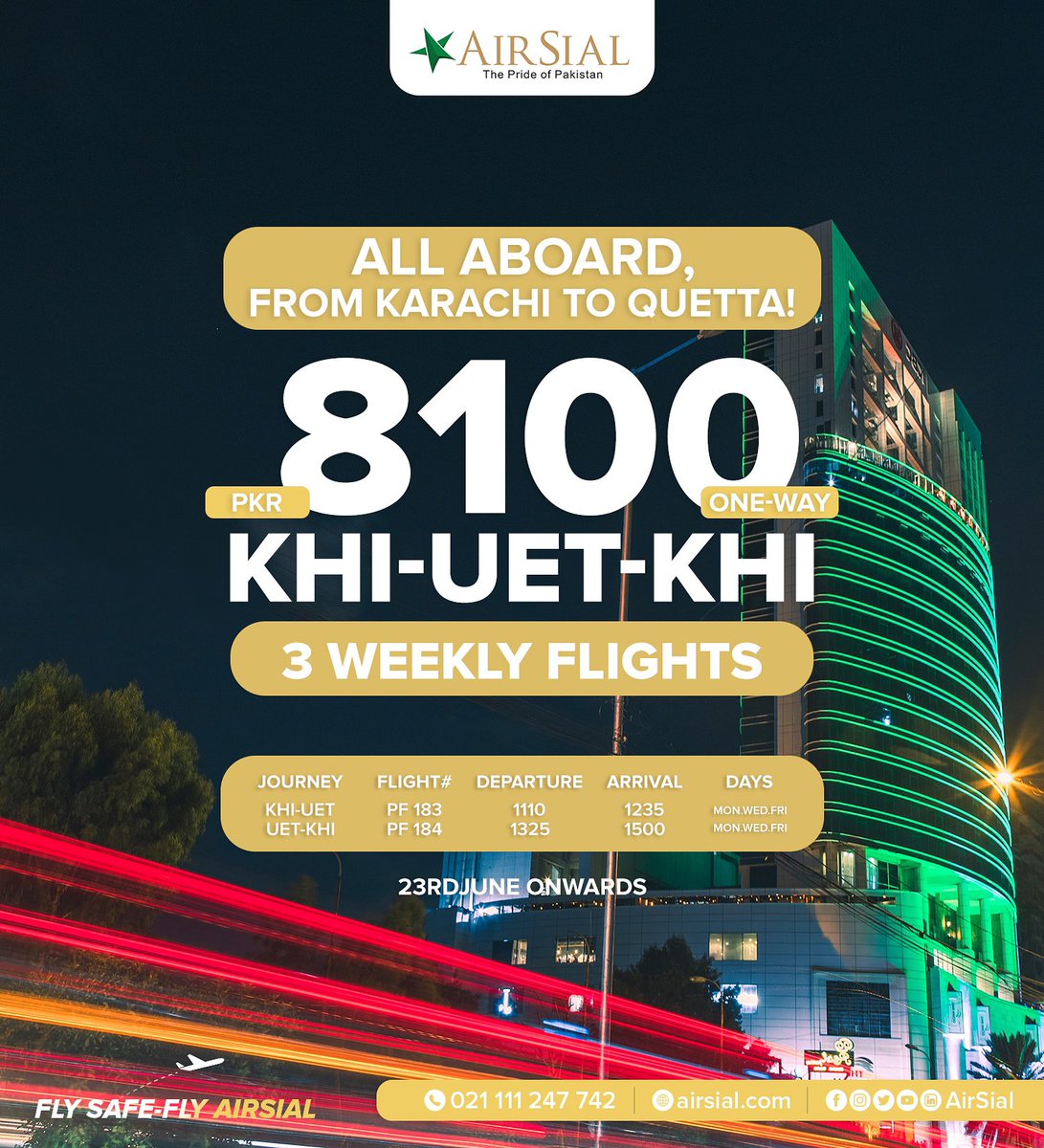 airsial's tweet photo. #newdestinationalert
Announcing 3 Weekly Flights for #Karachi-#Quetta-Karachi ✈️
Buckle up as the #safest, #affordable and most #comfortable flight experience awaits you!
Flights commence from 23rd June onwards
#AirSial - The Pride of Pakistan
Fly Safe - #flyairsial https://t.co/tfGrVEVNjD