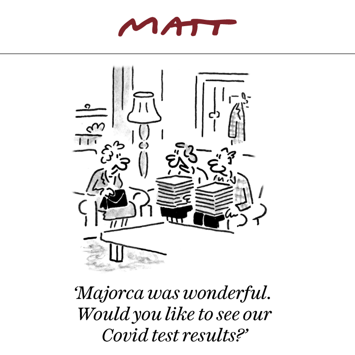 MattCartoonist's tweet photo. 🏖️ 'Majorca was wonderful. Would you like to see our Covid test results?' 

My latest cartoon for tomorrow's @Telegraph 

Subscribe to my weekly newsletter to receive my unseen cartoons: https://t.co/JNDhrYJMFH https://t.co/24i0RP7aPs