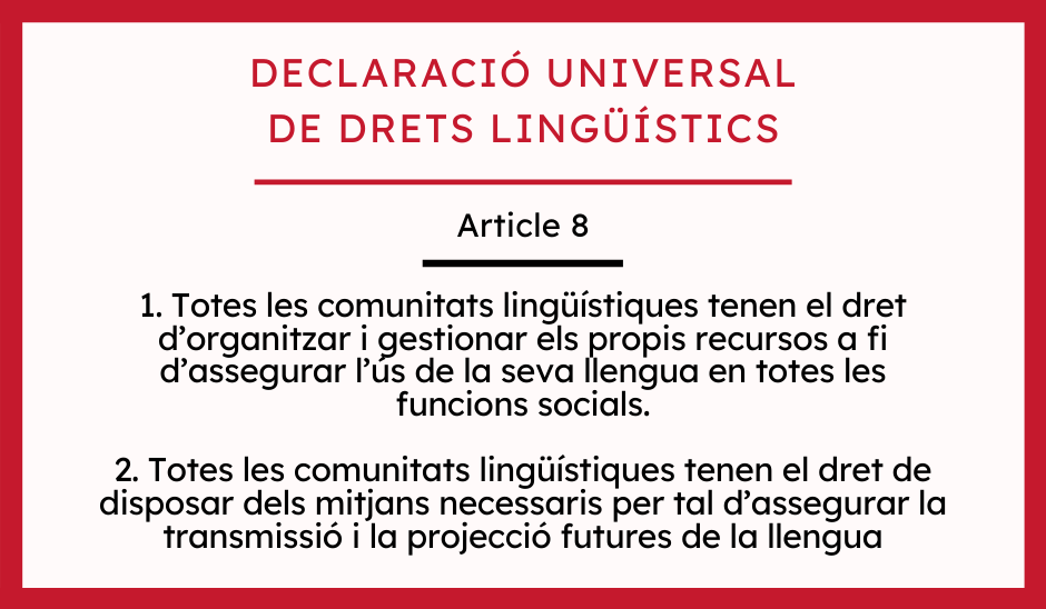 MIC_Catalunya's tweet photo. 25è aniversari de la Declaració Universal de Drets Lingüístics: Totes les comunitats lingüístiques tenen el dret d'organitzar i gestionar els propis recursos a fi d'assegurar l'ús de la seva llengua en totes les funcions socials. #DUDL #DeclaracióUniversaldeDretsLingüístics |¡*¡| https://t.co/MIKZINIxFb