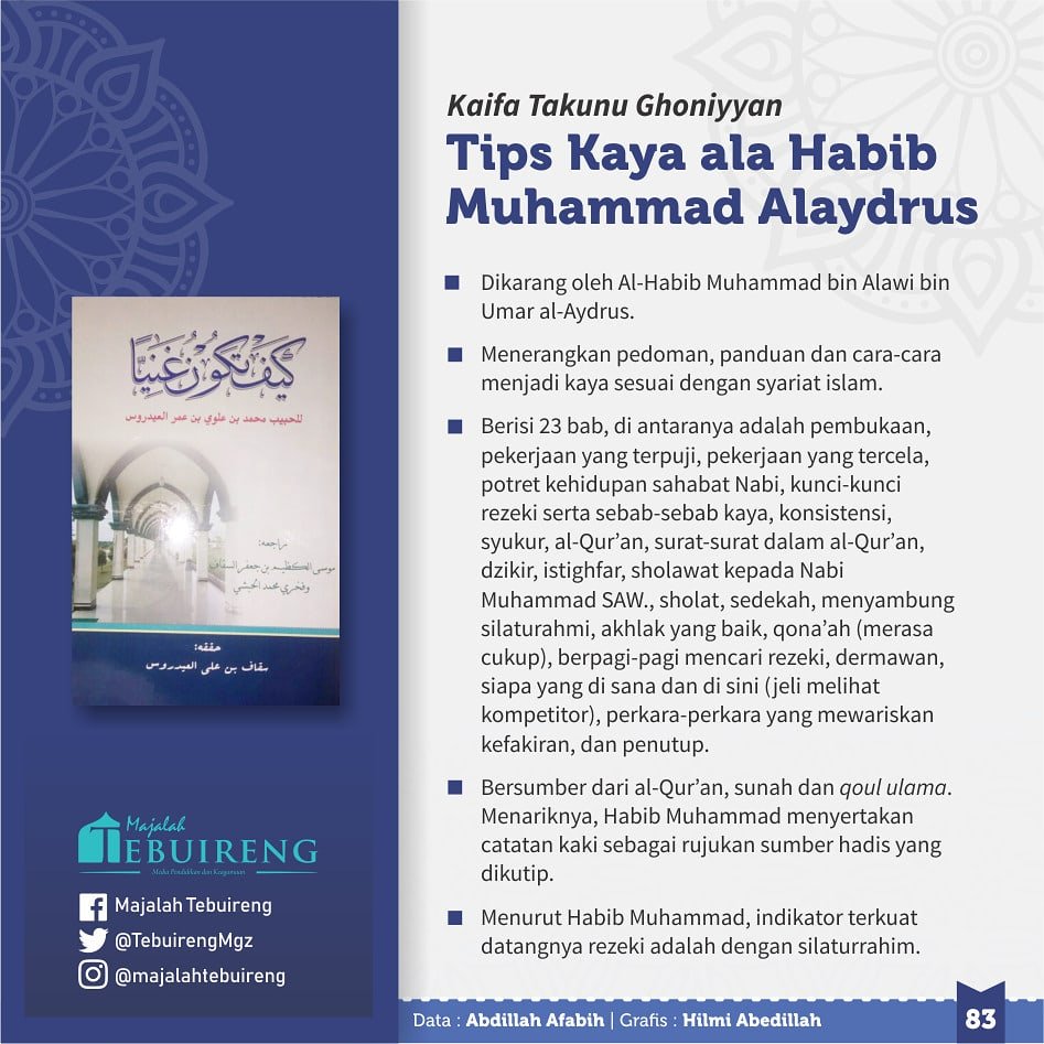 TebuirengMgz's tweet photo. Habib Muhammad menawarkan konsep menjadi kaya yang sesuai dengan ajaran Islam.
#ulasankitab #kaifatakunughoniyyan #habibmuhammadbinumaralaydrus #tipskaya #alaislam #majalahtebuireng #tebuirengonline #pustakatebuireng #tebuirenginitiatives #pesantrentebuireng #infografis https://t.co/xF3lzrUrSJ