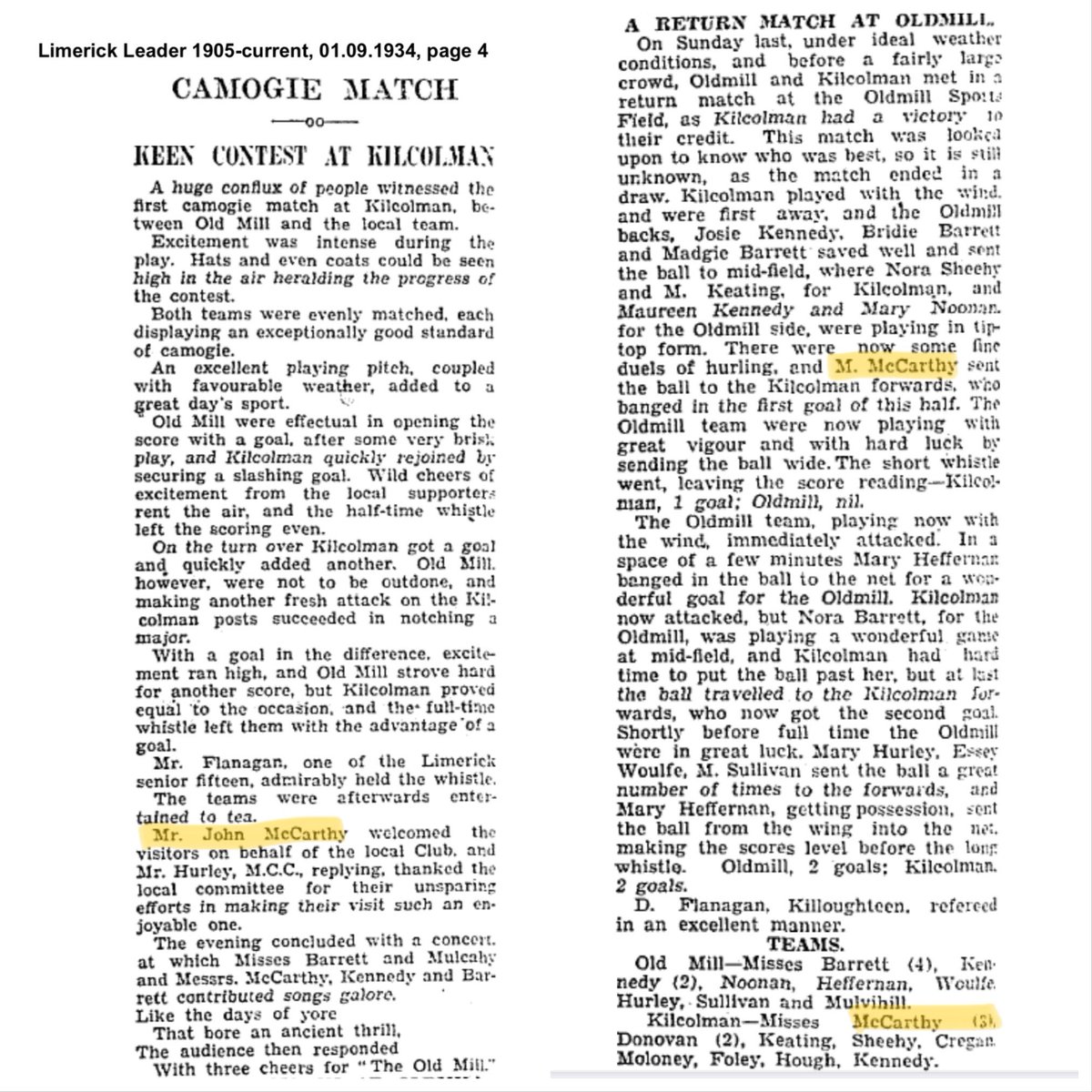 #Camogie match: Keen contest at Kilcolman. <a href="/Limerick_Leader/">Limerick Leader / Limerick Live</a> 1934. The 3 McCarthy sisters, (Eileen, Mary &amp; Norah), of #Knockbweeheen were members of the Kilcolman team. #Limerick #WestLimerick