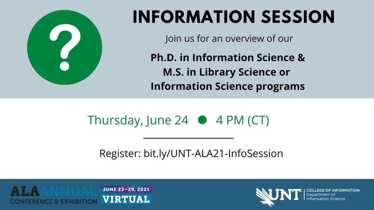 UNTInfoScience's tweet photo. Mark your calendars! We're excited to answer all your questions &amp; tell you all about our Information Science Ph.D. program and ALA-accredited M.S. in Library or Information Science program at #ALAAC21 this year. #phdlife #libraries

Register: https://t.co/Ewzed11hxz https://t.co/08iwqzTNjF
