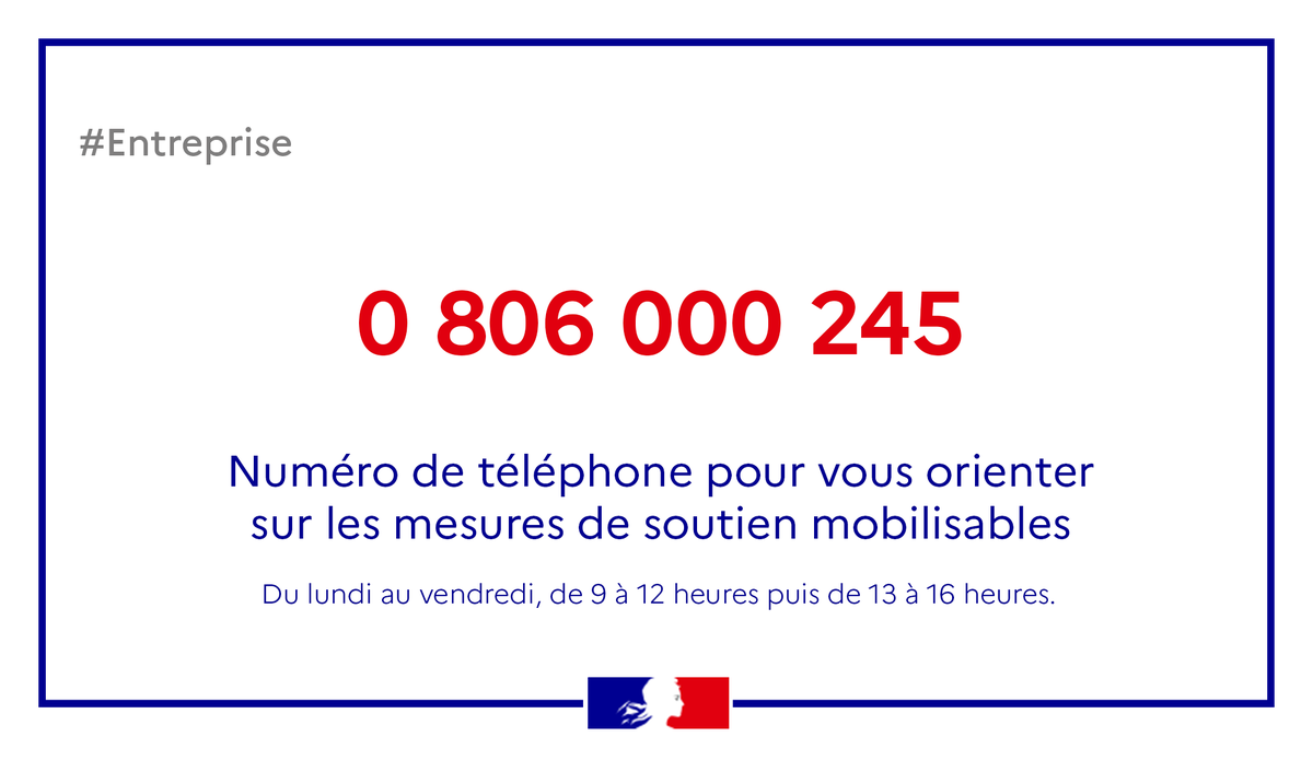 DGEntreprises's tweet photo. #MardiConseil | Pour renseigner et orienter les #entreprises en sortie de crise, un numéro spécial d’information sur les mesures d’urgence pour les entreprises en difficulté est à disposition : 0806 000 245
Plus d'infos 👉 https://t.co/vjjBar2D4f
#Covid19 #SoutienAuxEntreprises https://t.co/I2txQtahea