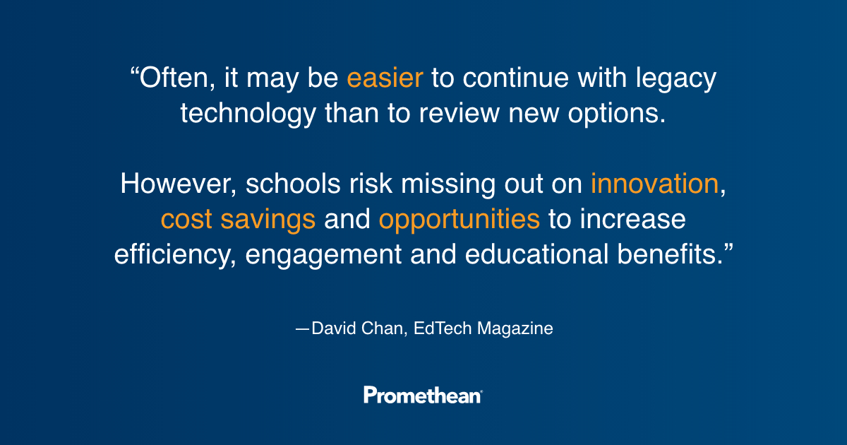 Promethean's tweet image. K-12 leaders must prepare for retiring #outdatedtech. Learn more about what to do now from @EdTech_K12 Mag: bit.ly/2SHdKVR #education #innovation
