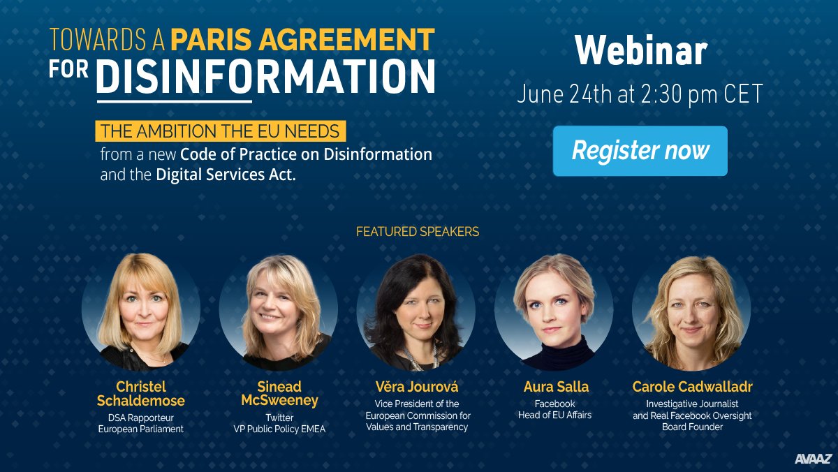 👋🏾🤖 Hey EU/Digital/Internet heads, we have something you'll be interested in!

📅 This Thursday we are hosting an awesome webinar: Towards the Paris Agreement for Disinformation

We have a great lineup of speakers, all we're missing is you! Register now: eventbrite.com/e/towards-a-pa…