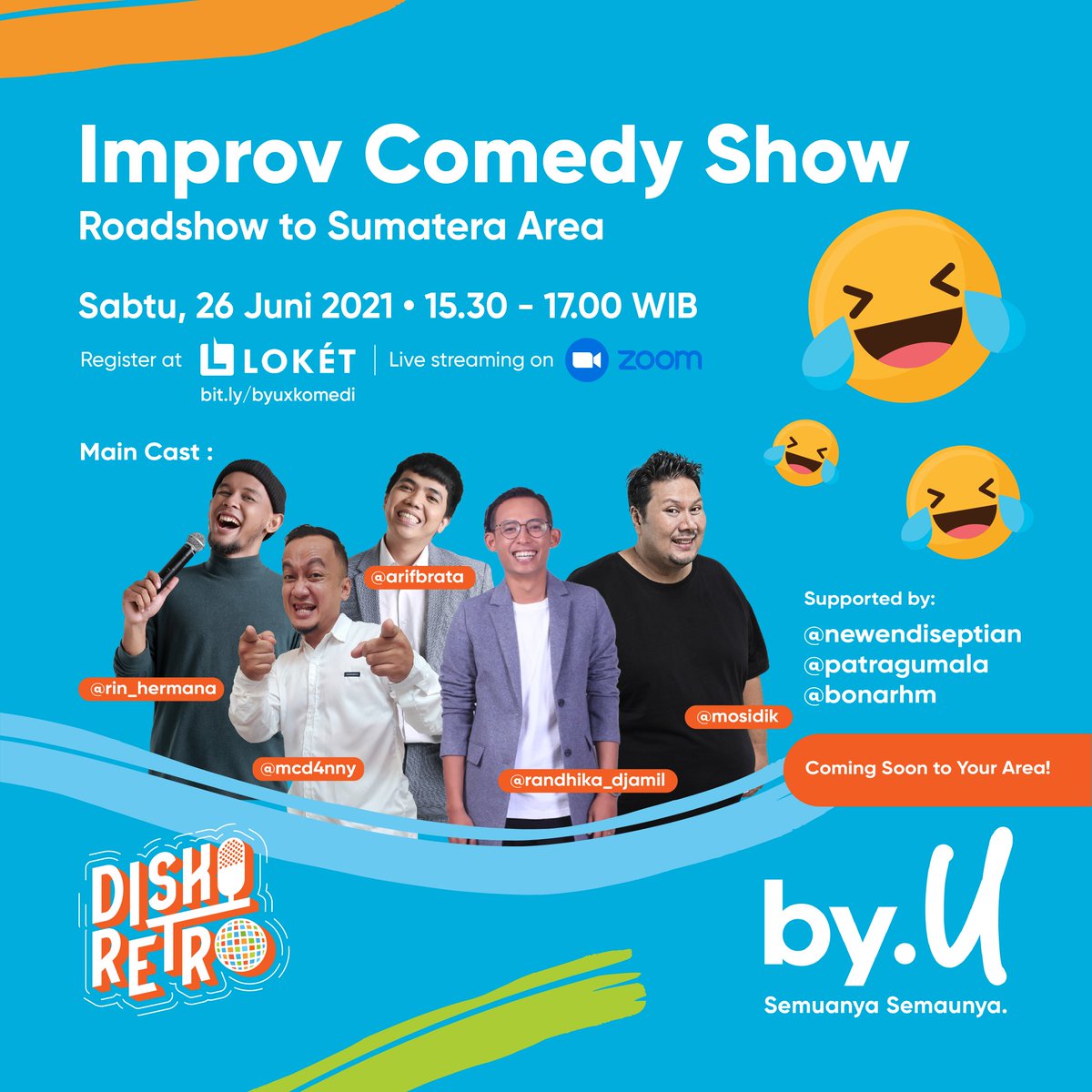 Kalo lagi butuh asupan energi postitif boleh banget nih tontonin kita via Zoom. Jadi ga perlu kemana2, tenang kan 😁😁😁
Yuk ditonton dan bilang terima kasih ke <a href="/byu_id/">by.U</a>
Ini link pendaftaran
bit.ly/byuxkomedi
GRATIS