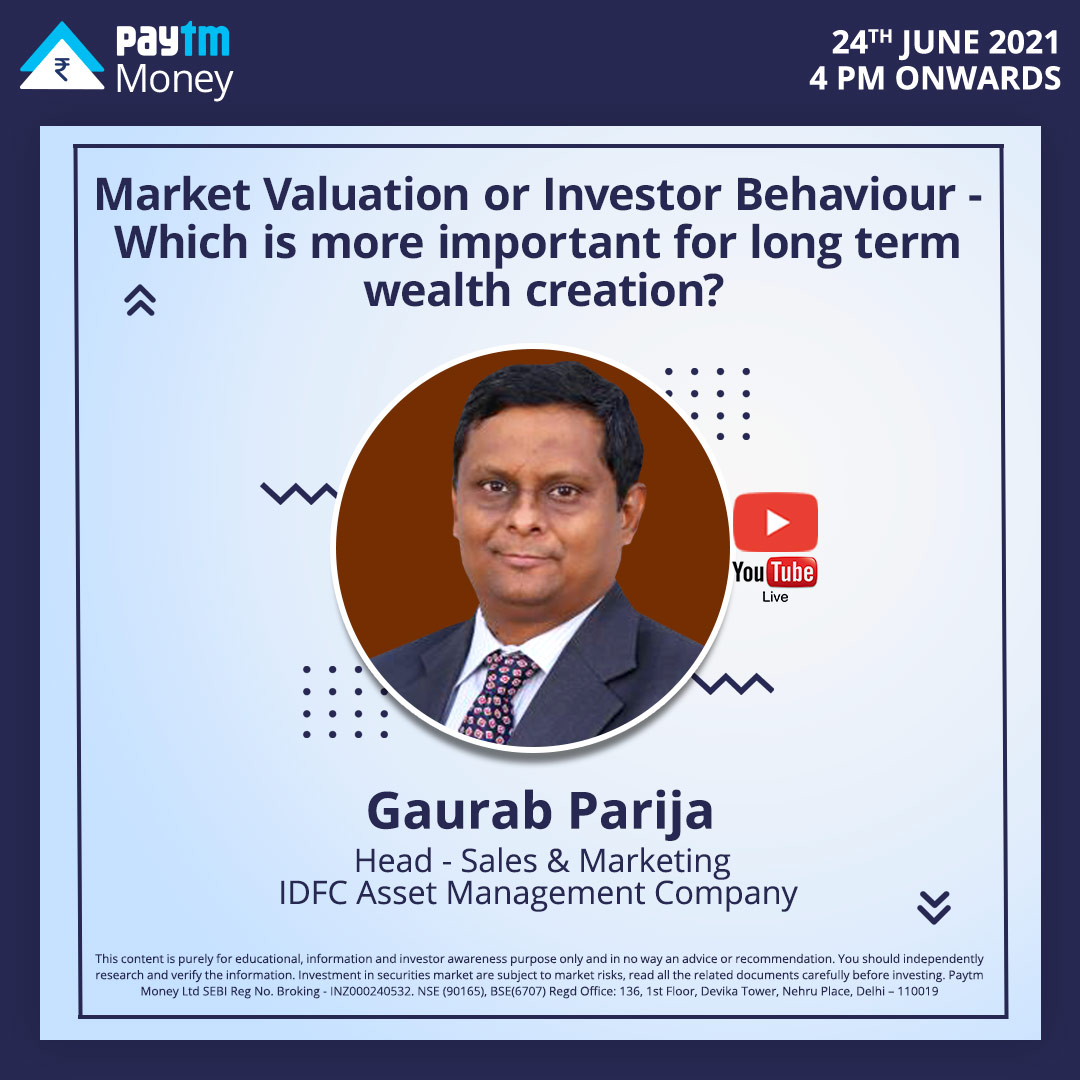 PaytmMoney's tweet photo. Catch Gaurab Parija, Head - Sales and Marketing, 
@IDFCMF talk about what is important for long term wealth creation on Youtube Live.

🗓️: 24 June 2021

⏲️: 4 PM onwards

Subscribe to our Youtube channel here to get the latest updates - https://t.co/H5Xk5EZr0P https://t.co/6h1wa8TiZY