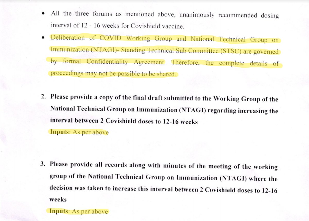 SaketGokhale's tweet photo. I'd filed an RTI with Health Ministry asking for records of the meeting where decision was made to increase the gap between 2 Covishield doses to 12 weeks.

Health Ministry refuses claiming a "confidentiality agreement."

What's "confidential" about a govt vaccine policy meeting? https://t.co/dQZhoRGG3r
