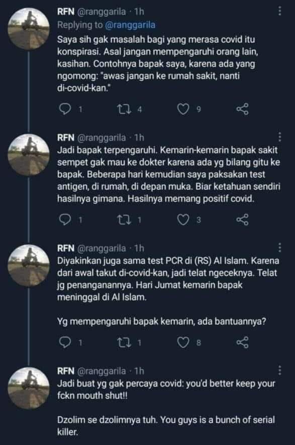 Mengenai Covid. 
Percaya atau tidak kepada covid dan vaksin. Keep it to yourself. 
Jangan sampai kejadian seperti ini.