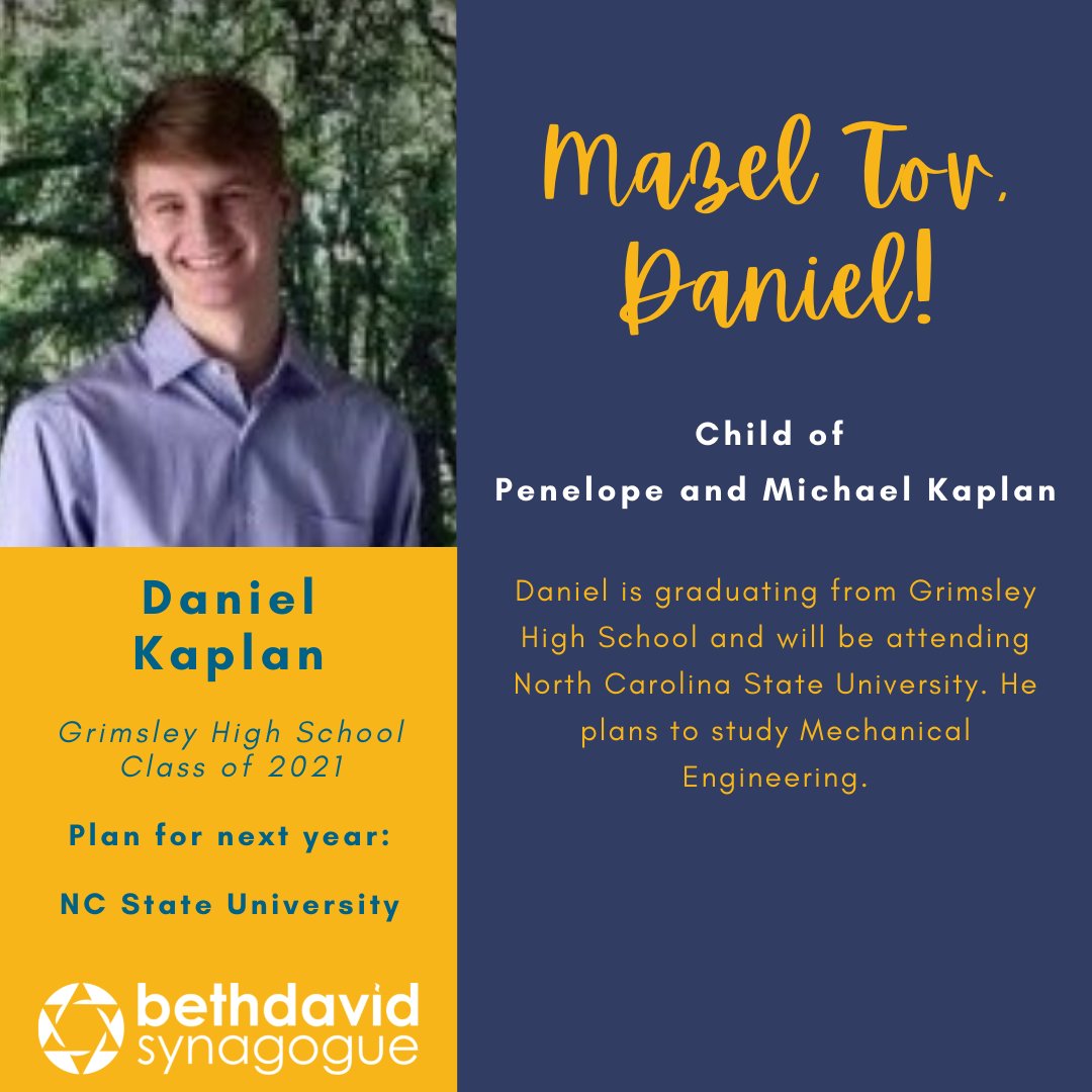 BDSGSO's tweet photo. Beth David Grad Spotlights:
Mazal tov to Daniel, Grimsley High School '21! https://t.co/AwGu30wZi4