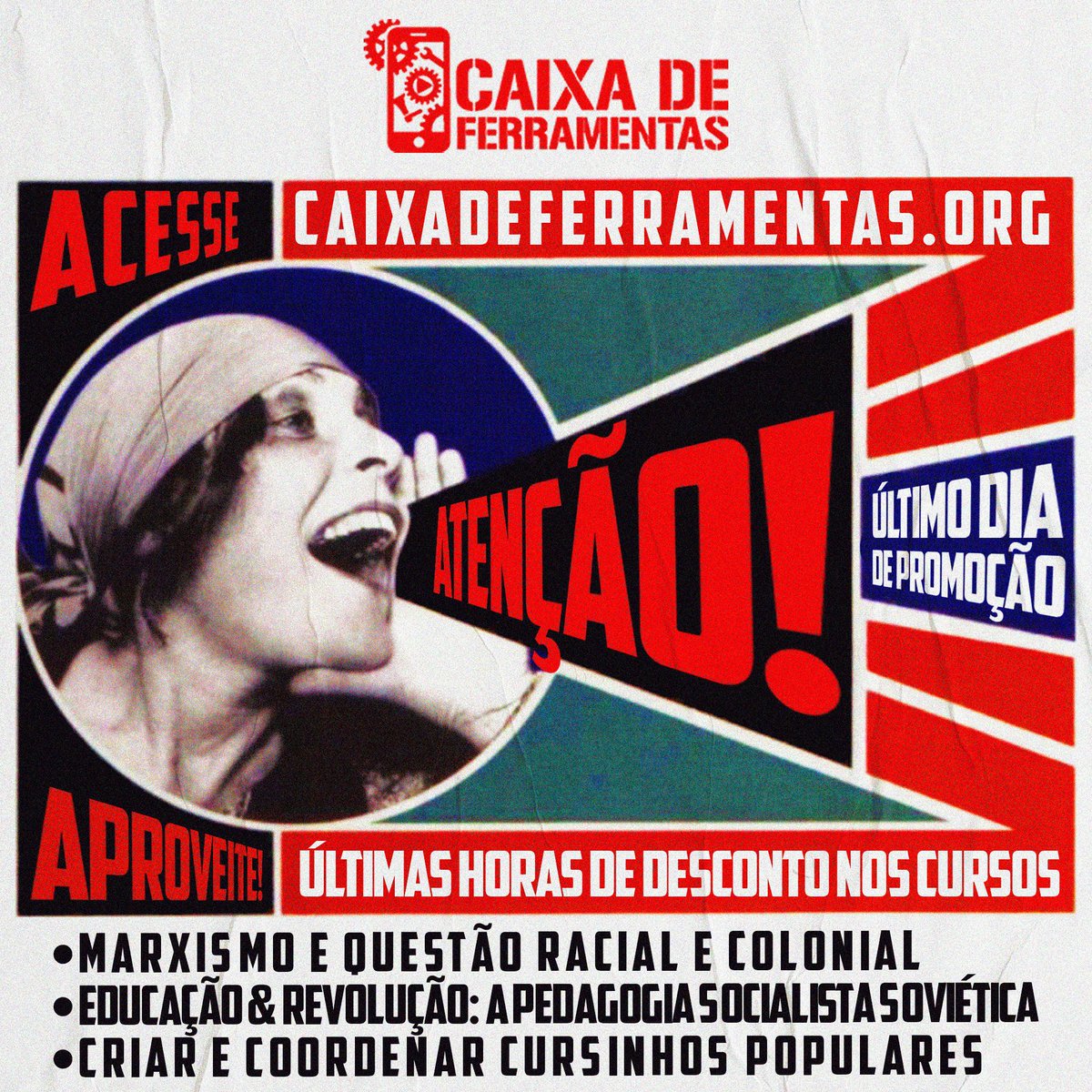 caixaead's tweet photo. ÚLTIMO DIA DE PROMOÇÃO!

Nos cursos: 
➡️ Marxismo e Questão Racial e Colonial com Jones Manoel de R$50 por R$30

➡️ Combo Pensadores (4 cursos) com vários professores de R$149,50 por R$100

➡️ Criar e Coordenar Um Cursinho Popular com João Bulhões de R$60 por R$30 https://t.co/xIUkrqNDqL