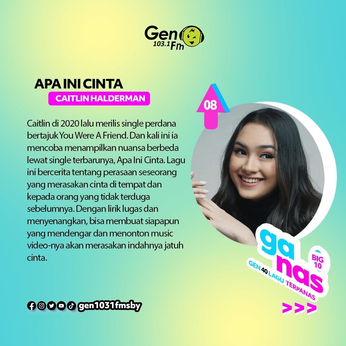 gen1031fmsby's tweet photo. Sobat GEN, malem ini @farrasardiana kasih bocoran urutan #6 - #10 dichartnya #GanasWaniPooll minggu ini.
#chart
#tanggalagu
#bclsinclair
#mahaliniraharja
#caitlinhalderman
#starbe
#mahen https://t.co/LKiJbv48HX