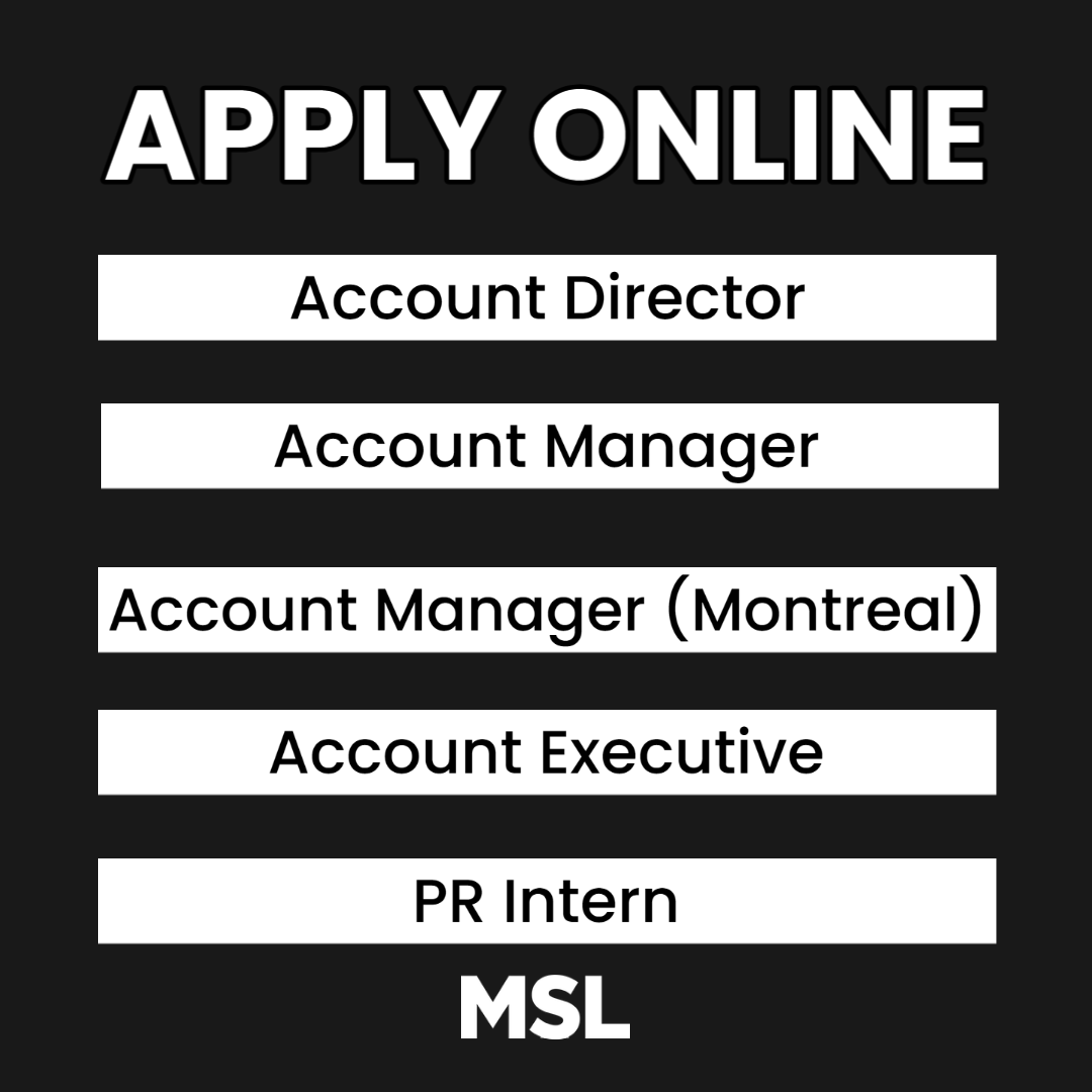 msl_canada's tweet photo. NOW HIRING! MSL Toronto &amp; Montreal is looking to add an Account Director, Account Manager (x2), Account Executive and PR Intern to our award-winning integrated communications team. Apply today: https://t.co/2Dk7lpqzrK #WeAreHiring https://t.co/ehD7REgWag