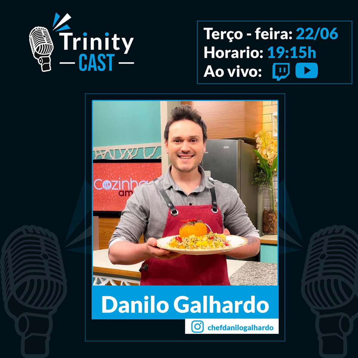 tpixstudios's tweet photo. HOJE [22/06 - 19:15 Hrs] - @chefdangalhardo 
 Ao vivo no TrinityCast 
🔥🔥🔥
#TrinityCast #Podcast #flowpodcast #podpah #flow  #TrinityPodcast  #TrinityPlus #TrinityCastPlus https://t.co/140bMhilk5