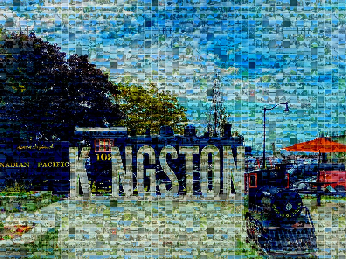 macphersonkat's tweet photo. We may be learning at home, but we still manage to get outside!  A grade 11 RND Media Arts student took over 500 photos around Kingston to create this stunning Photomosaic for his final project. @RegiNotreDame @cityofkingston https://t.co/A4WGZOsrfA