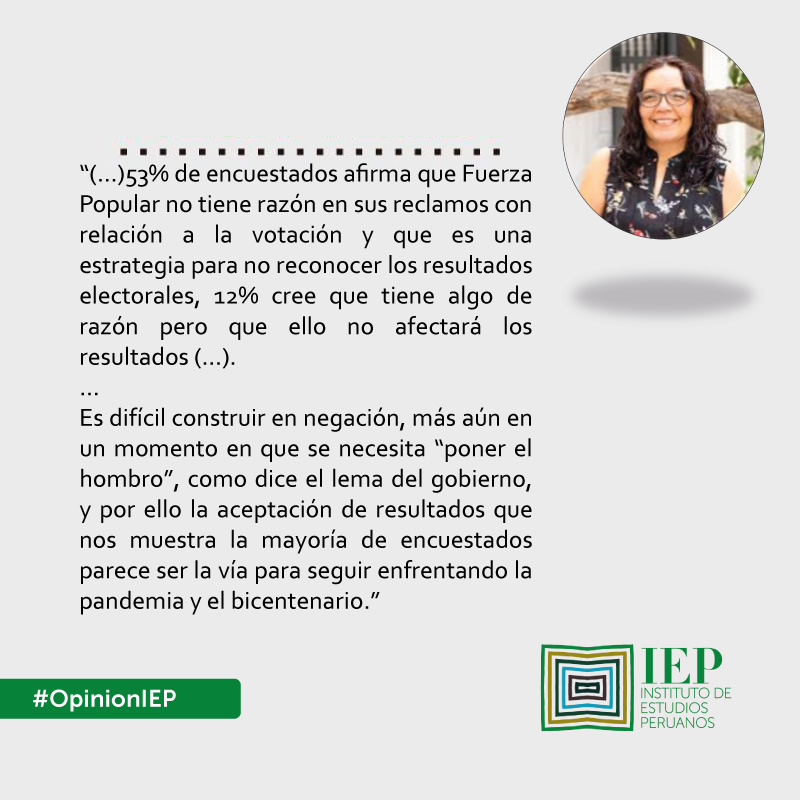 IEPeruanos's tweet photo. #EncuestaIEP "La mayoría de encuestados cree que los reclamos de Fuerza Popular no tienen razón. Es crucial, salir de este estado de negación para seguir enfrentando la pandemia." @pzarate_pz, Jefa de Estudios de Opinión en IEP.  Lee el artículo completo► https://t.co/xZMMX1b1qo https://t.co/FALhCOd12u