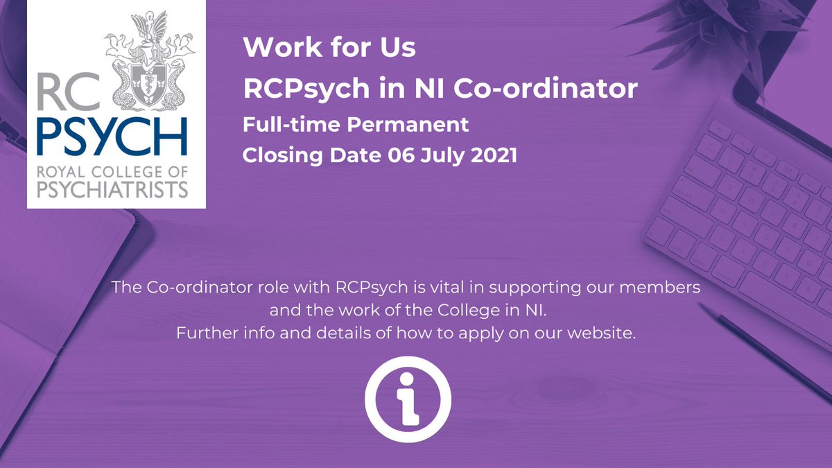 We're hiring - we have a vacancy for a RCPsych NI Co-ordinator role with the College in NI - the role is full time perm post.  For further details and information on how to apply visit - rcpsych.ac.uk/about-us/work-…
